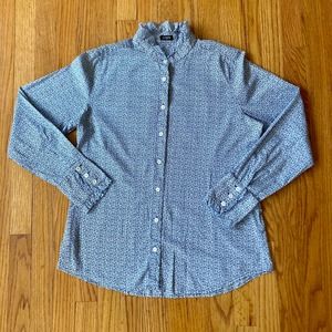 J Crew Blue and White Floral Button Down Shirt with Ruffle Collar and Sleeves